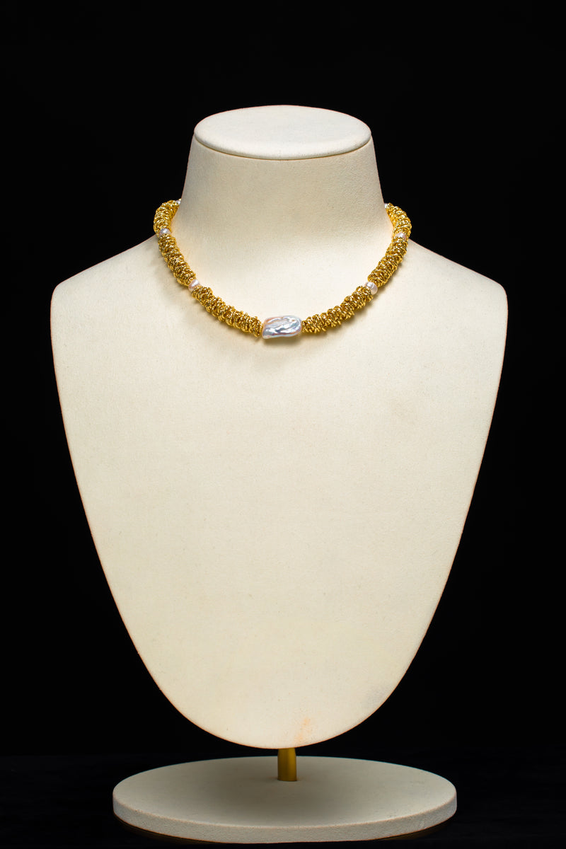 The Gilded Sanctuary | Hand-Woven Natural Pearl & 18K Gold Necklace
