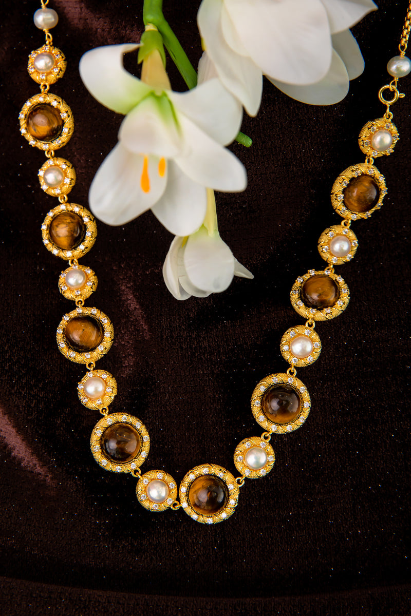 Golden Orbit | Vintage Court Style Tiger’s Eye & Pearl 18K Gold Necklace