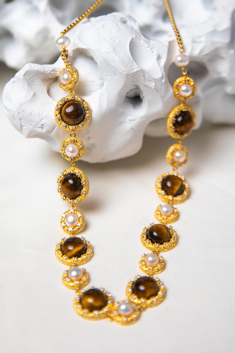 Golden Orbit | Vintage Court Style Tiger’s Eye & Pearl 18K Gold Necklace