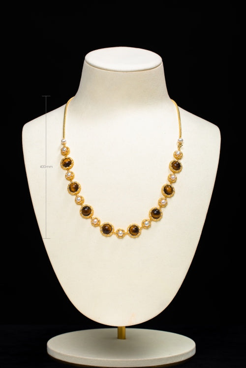 Golden Orbit | Vintage Court Style Tiger’s Eye & Pearl 18K Gold Necklace