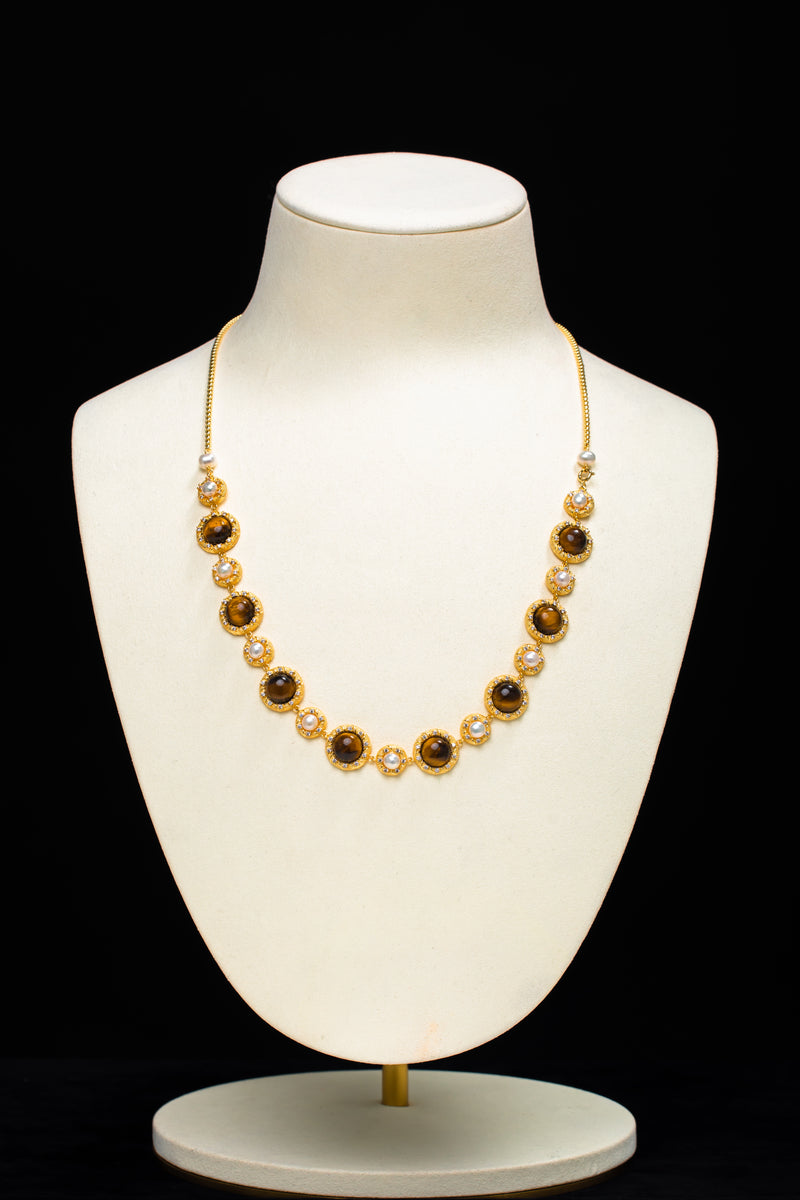 Golden Orbit | Vintage Court Style Tiger’s Eye & Pearl 18K Gold Necklace